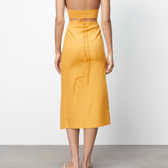 NWT ZARA Tropical Yellow Linen Blend Ruched Midi Skirt L - Picture 5 of 8